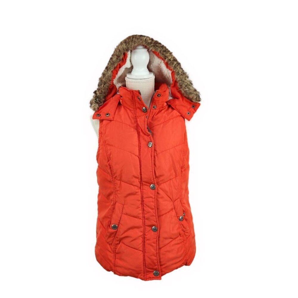 Green Tea Hooded Puffer Vest Sz Med Orange Red Faux Fur Zip Snap Up Sherpa Lined